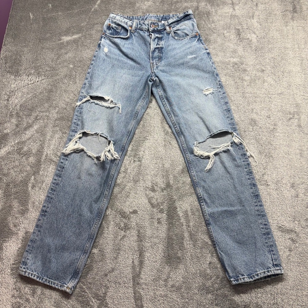 H&M &Denim 90's Boyfriend‎ Jeans Women Size 0 Blue Good Distressed High Waist